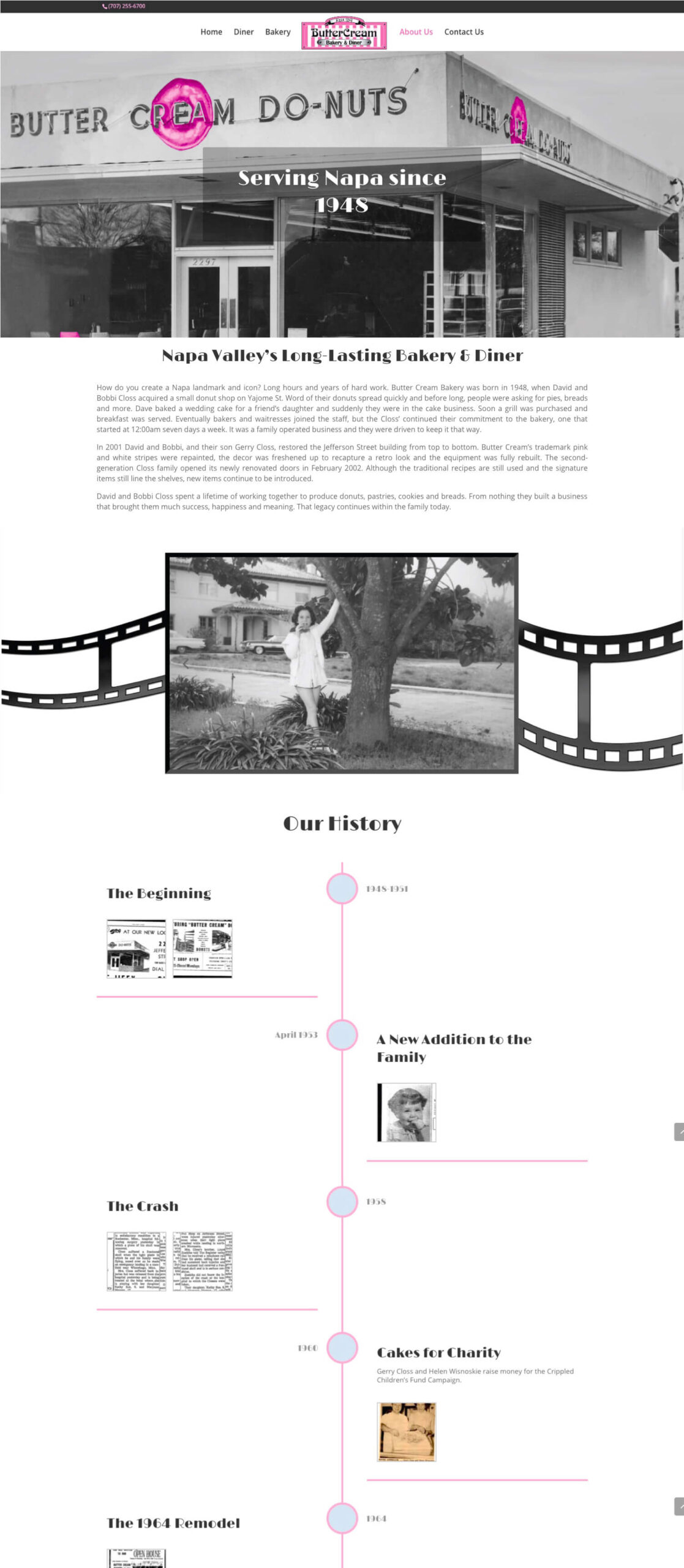 Butter Cream Bakery about page featuring a historic Napa storefront, archival photos, and a timeline of bakery history.