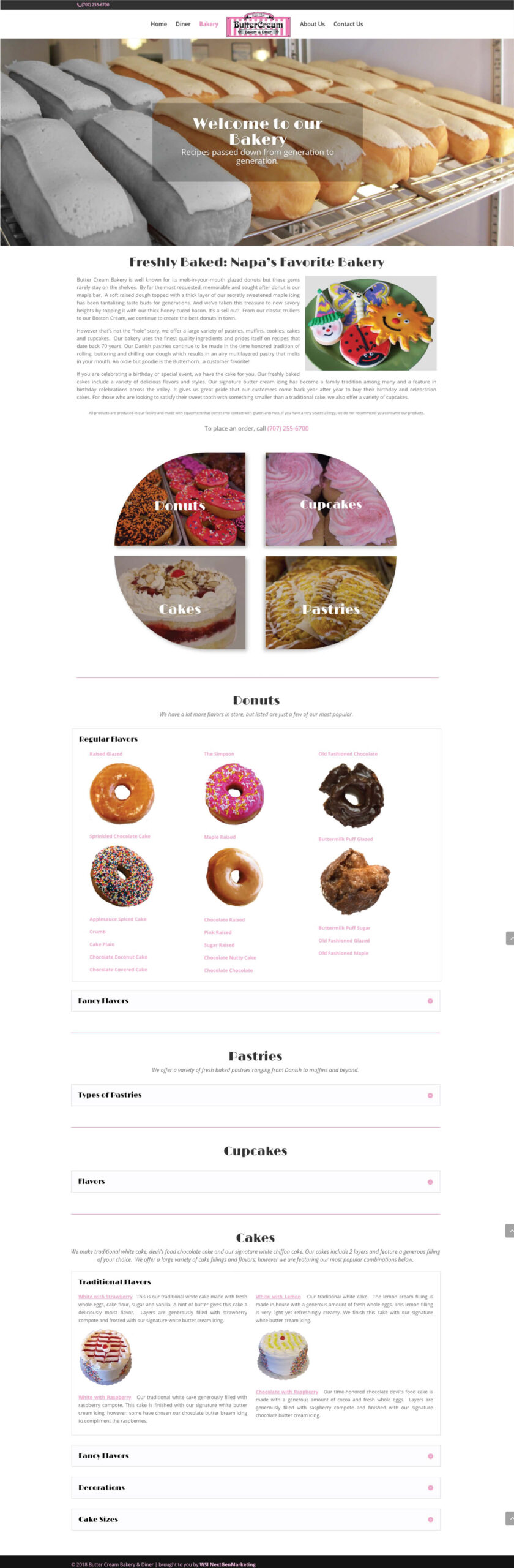 Butter Cream Bakery menu page showcasing donuts, pastries, cupcakes, cakes, and detailed product descriptions.