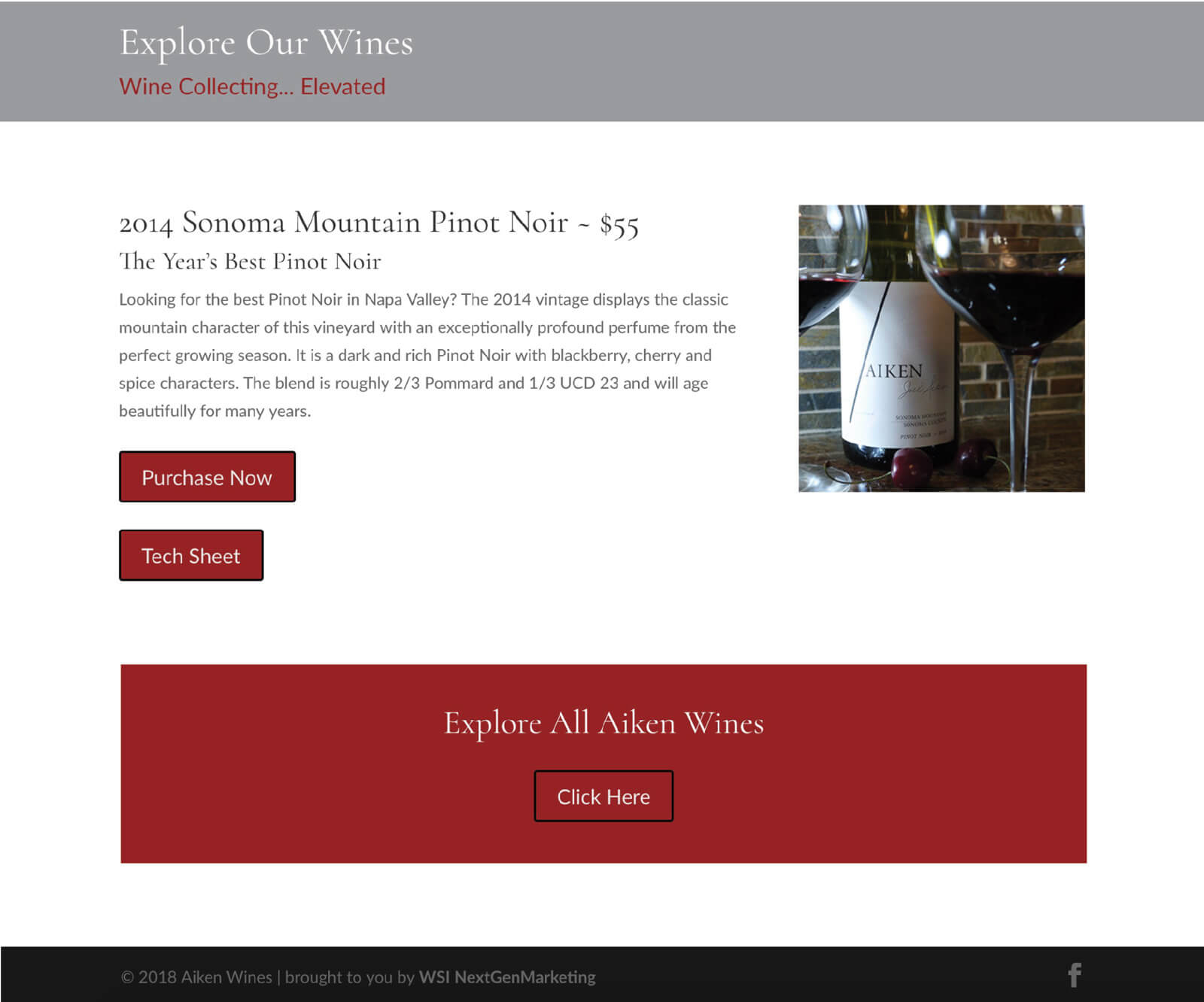 aiken-product Aiken Wines product page for a Sonoma Mountain Pinot Noir with tasting notes, price, purchase button, and wine photo.