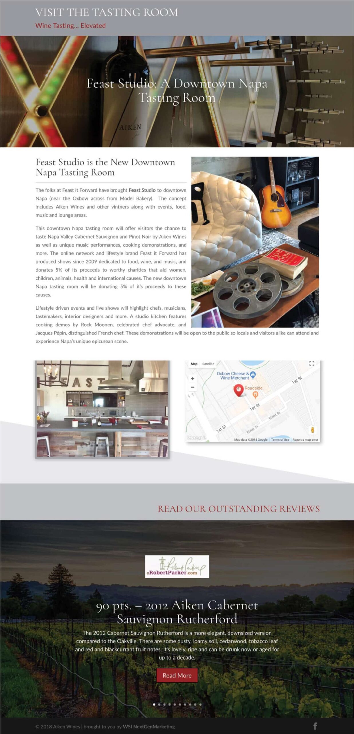 aiken-tasting-room-edit Aiken Wines tasting room page showing Feast Studio details, interior photos, a Napa map, and a vineyard review section.