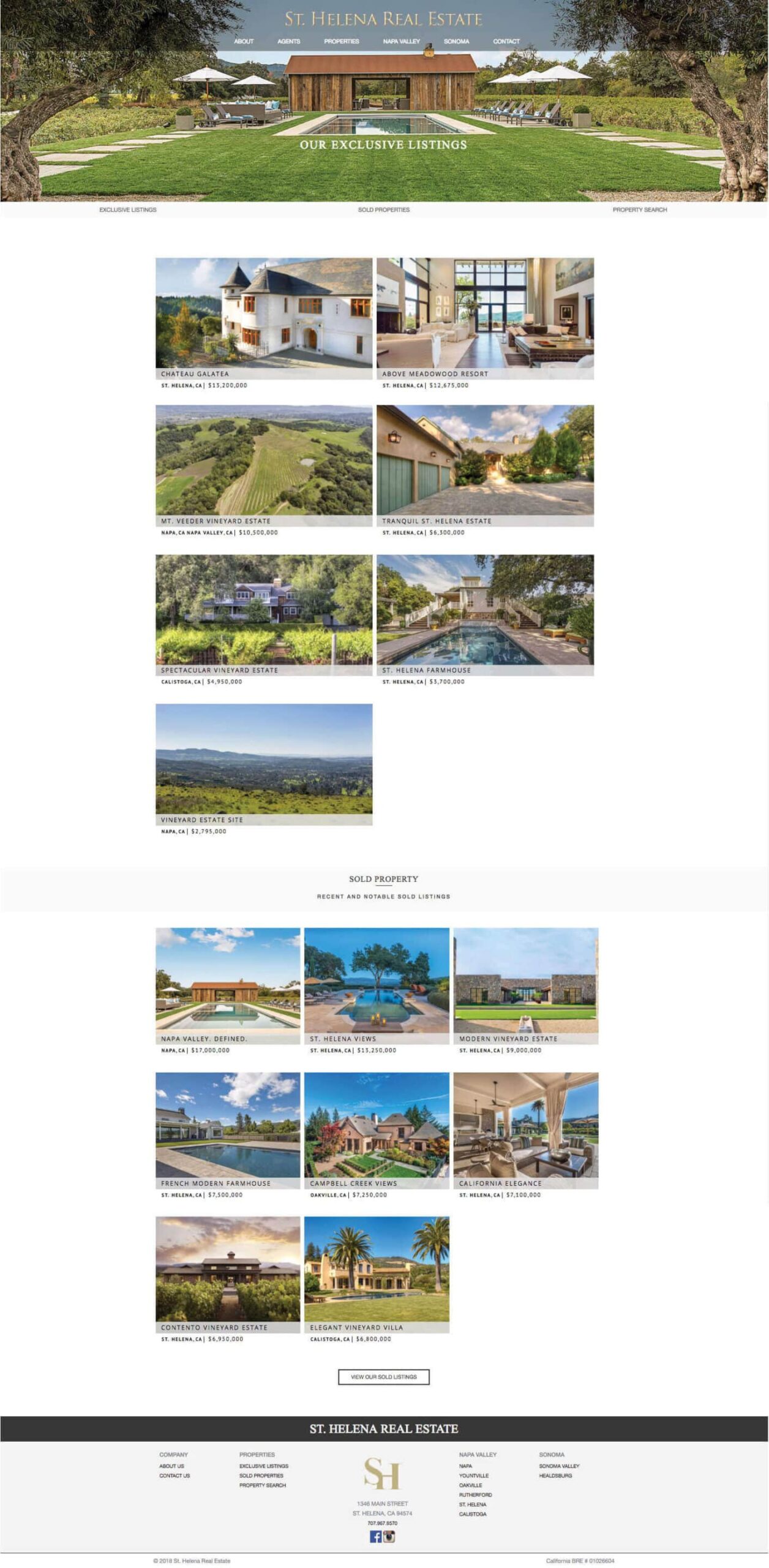 St. Helena Real Estate listings page displaying luxury homes, vineyard estates, resort properties, prices, and sold listings.