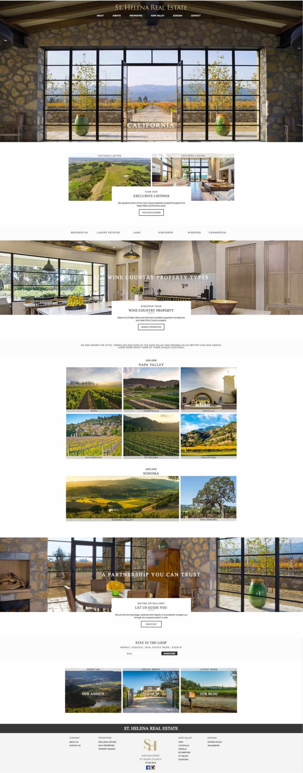 St. Helena Real Estate homepage featuring luxury listings, Napa Valley locations, property types, agents, and local news.