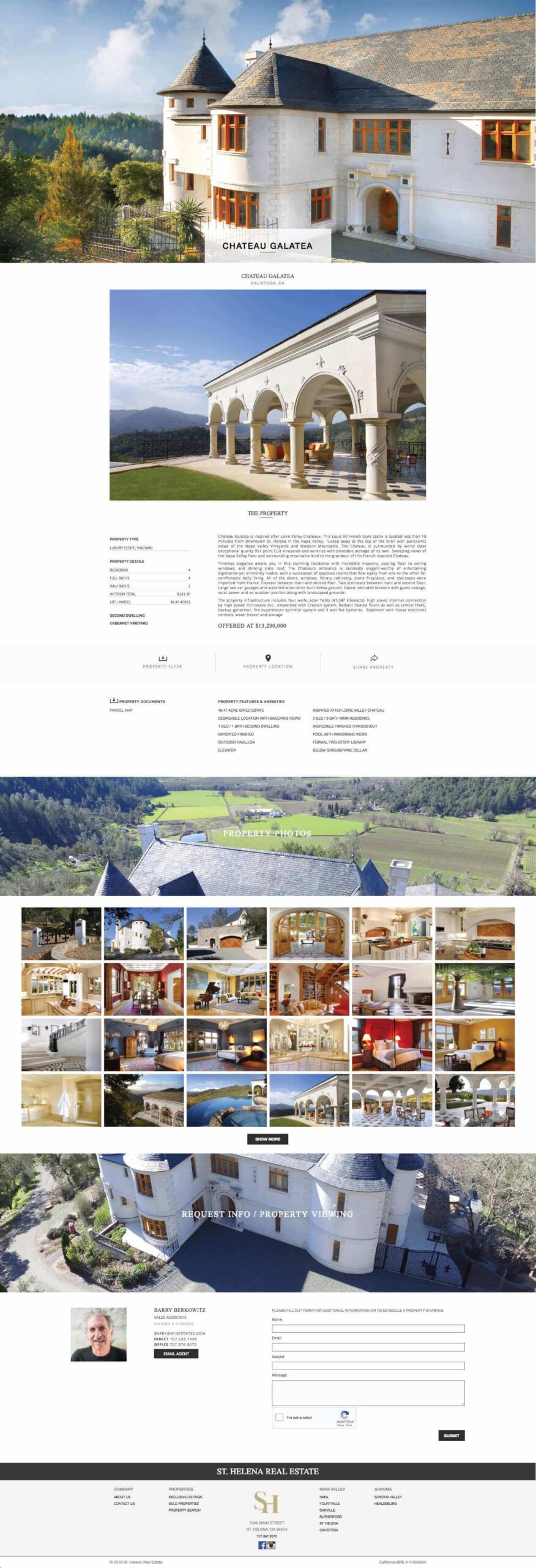 St. Helena Real Estate listing page for Chateau Galatea, featuring property details, an image gallery, map, and inquiry form.