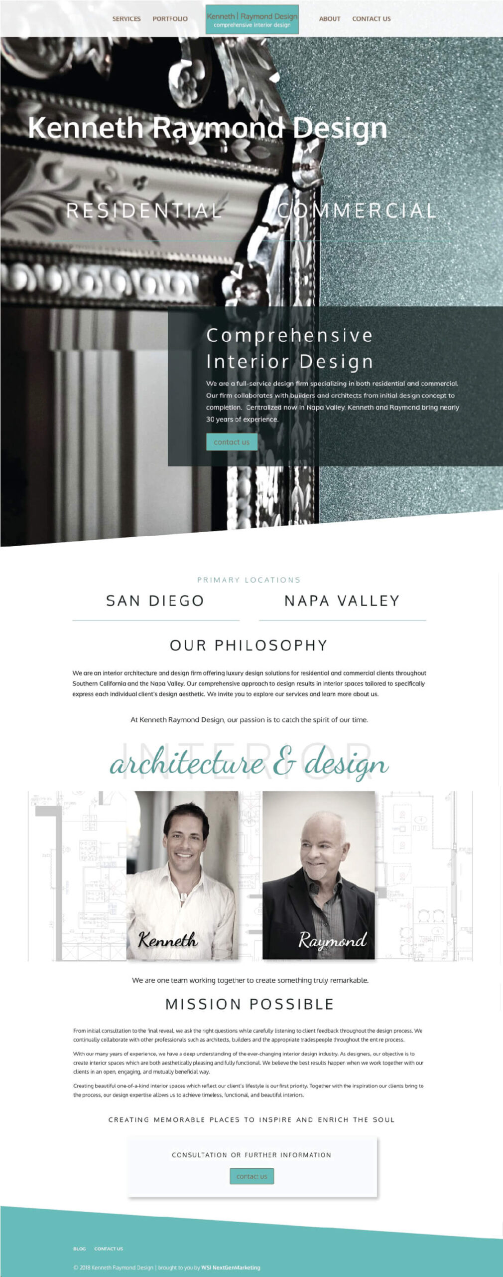 Kenneth Raymond Design homepage showcasing residential and commercial interior design, philosophy, team, and contact details.