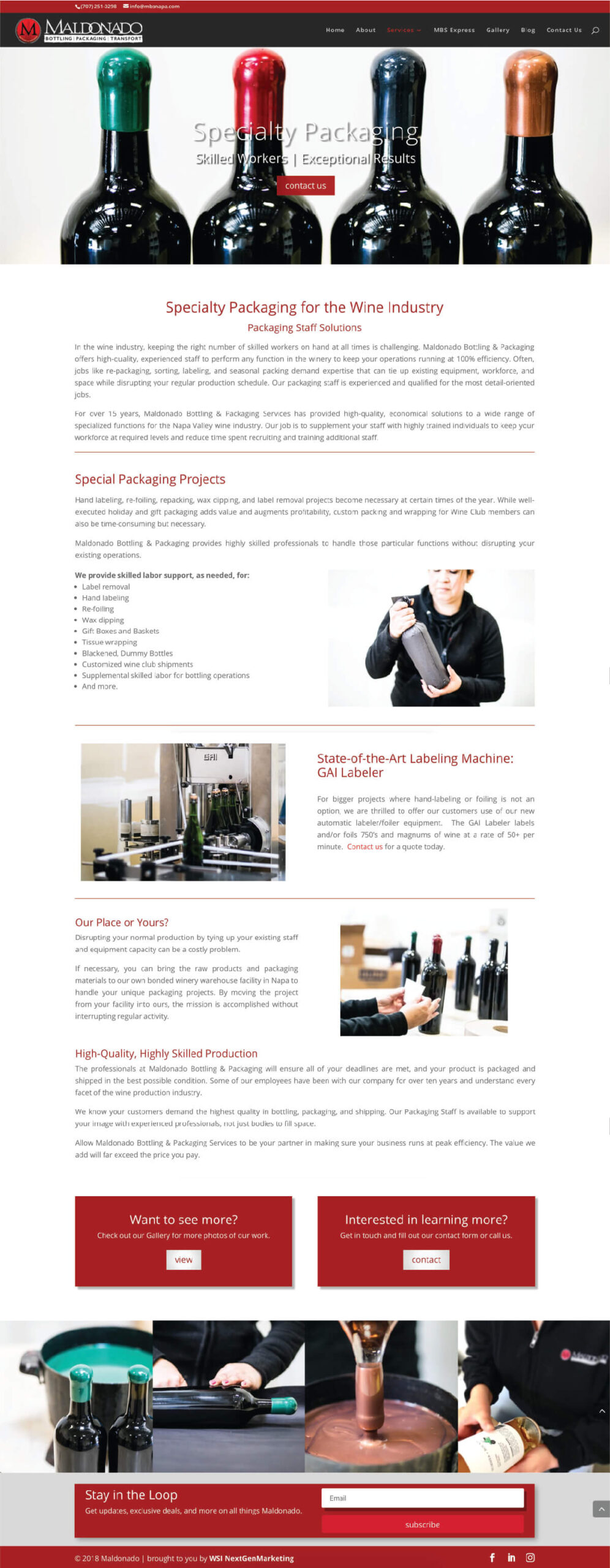 mbs-page2-winery-web-design Maldonado winery packaging page featuring bottle finishes, skilled labor, labeling equipment, and contact buttons.