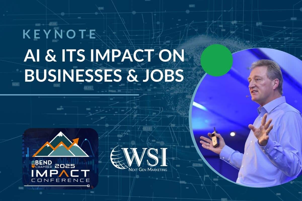 AI marketing keynote speaker presenting on AI’s impact on businesses and jobs at the Bend Impact Conference hosted by WSI.