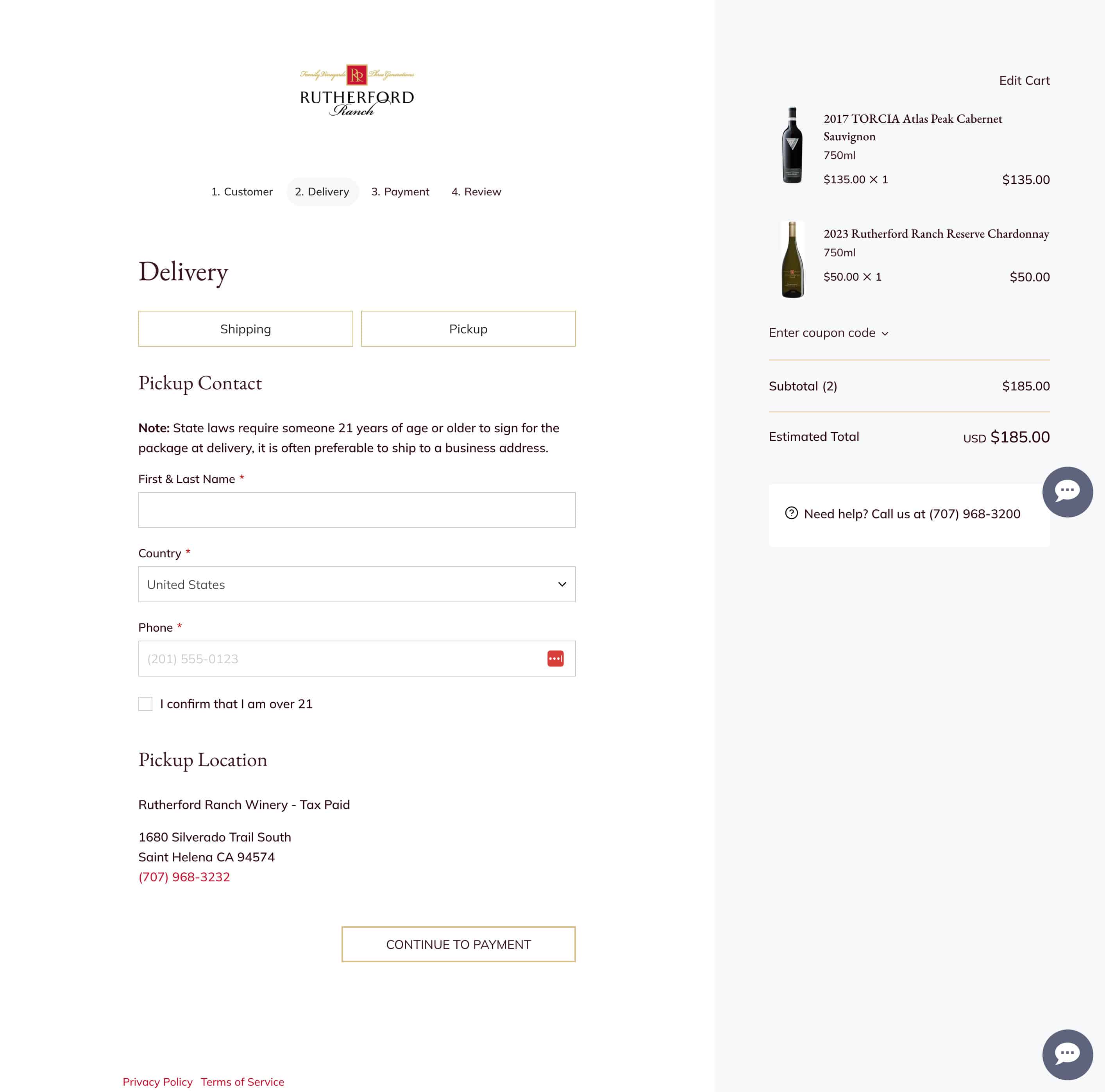 Rutherford Ranch checkout page