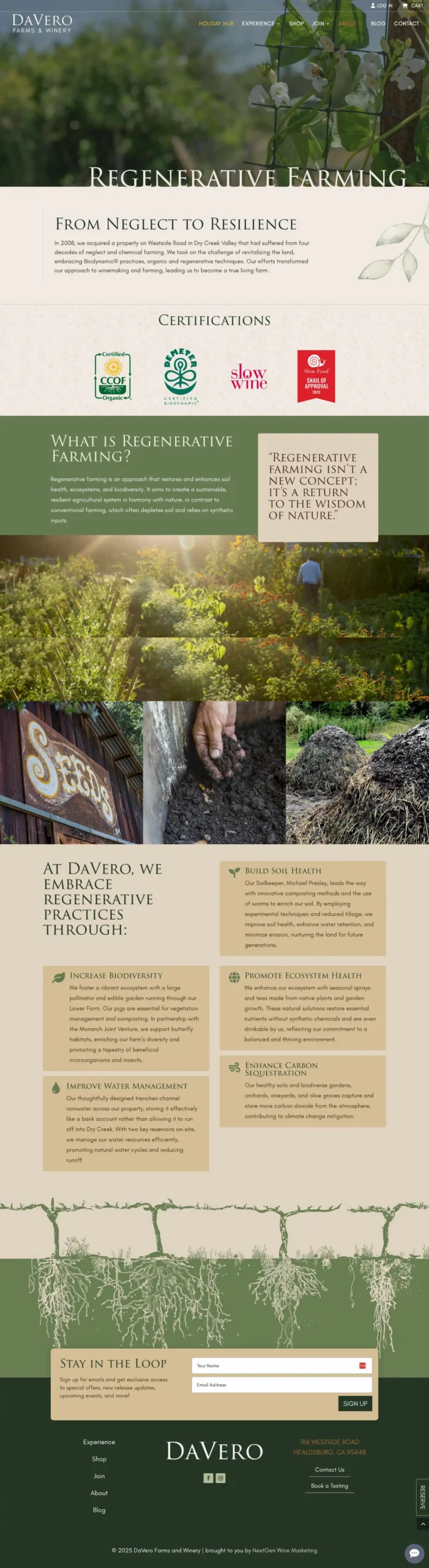 Screenshot of DaVero Farms & Winery farming page