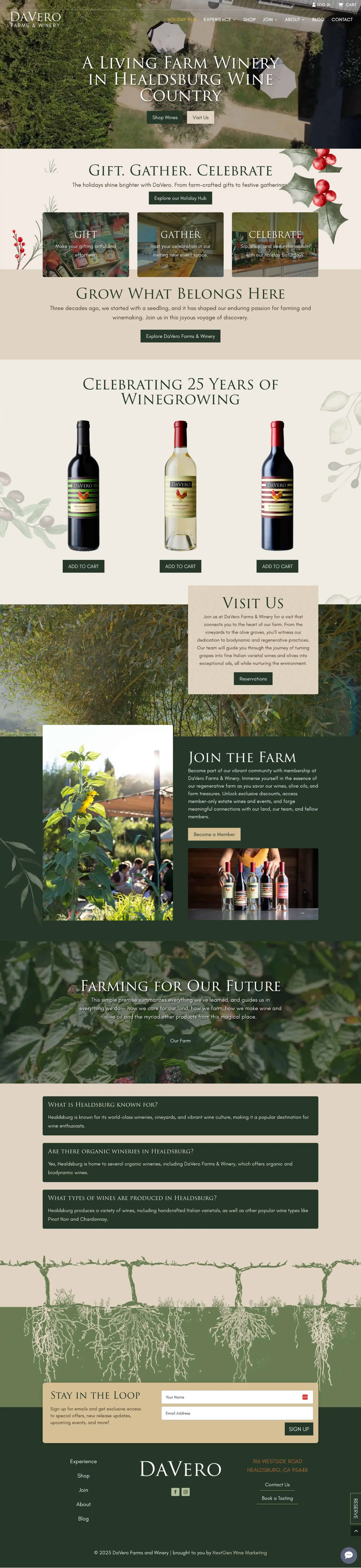 Screenshot of DaVero Farms & Winery homepage