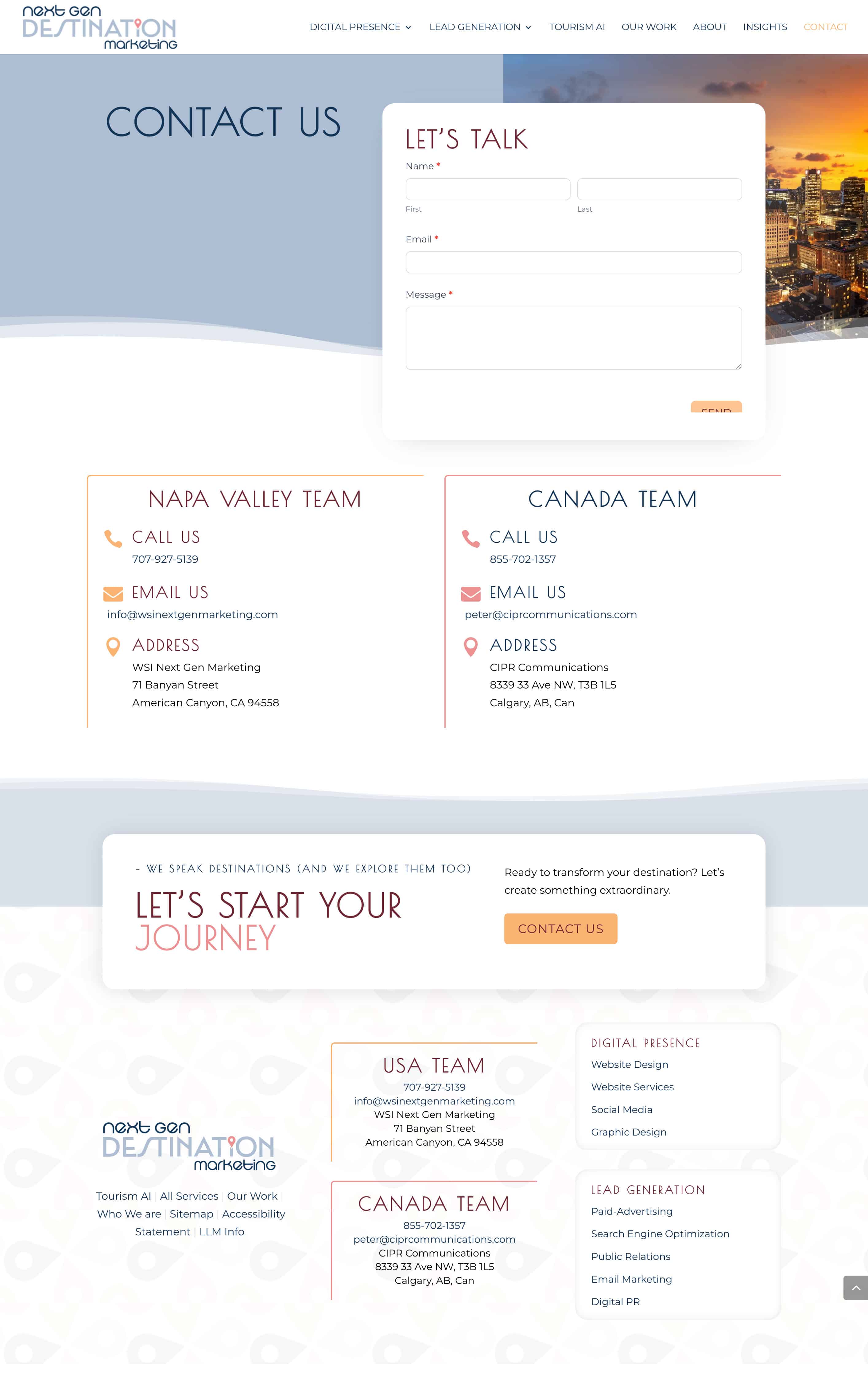 Contact Us screenshot of NextGen Destination Marketing website