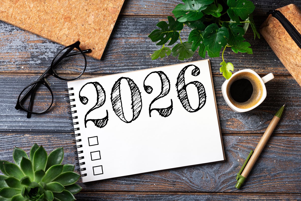 2026 budget with coffee cup and glasses in a work setting