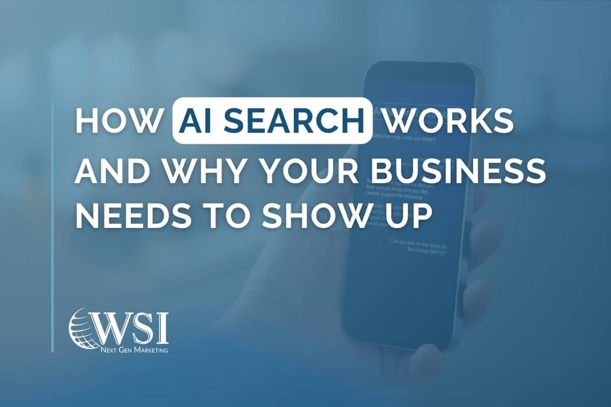 How AI Search Works image, showing a hand holding a phone with an AI chatbot conversation on screen
