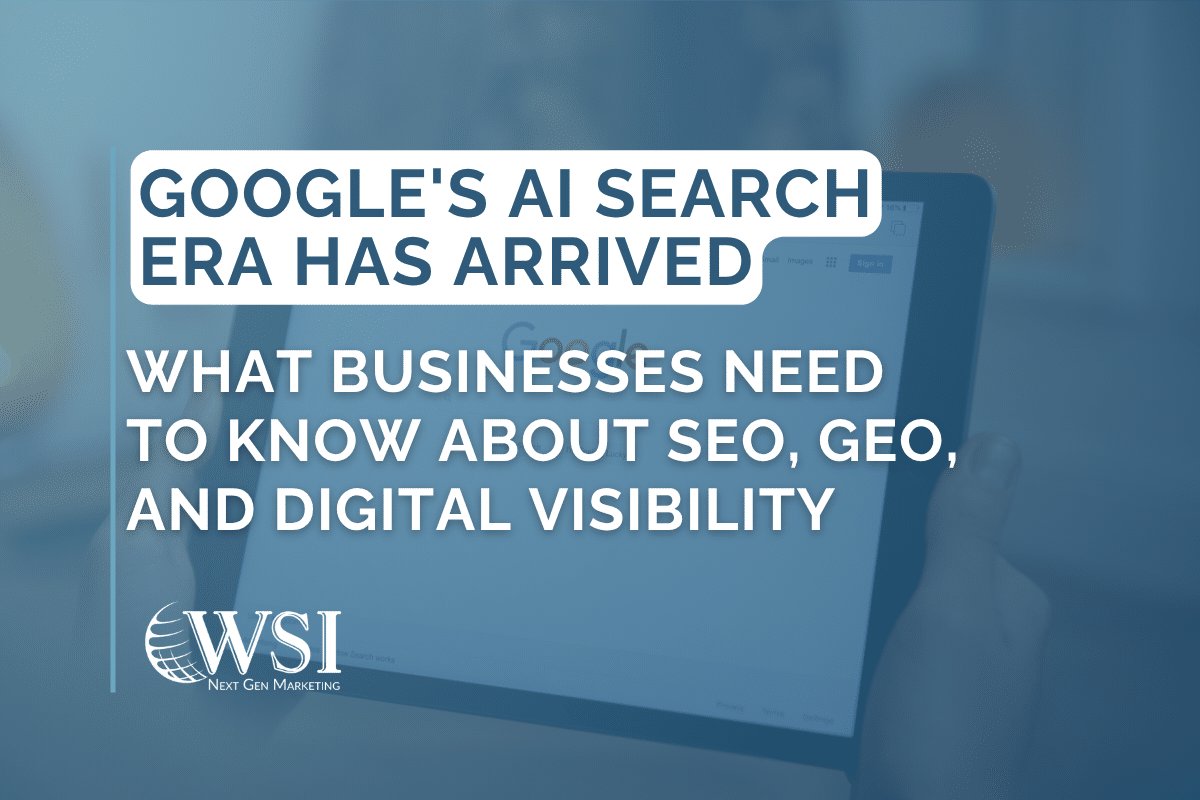 Google AI Search Era Has Arrived graphic over tablet showing Google Search.