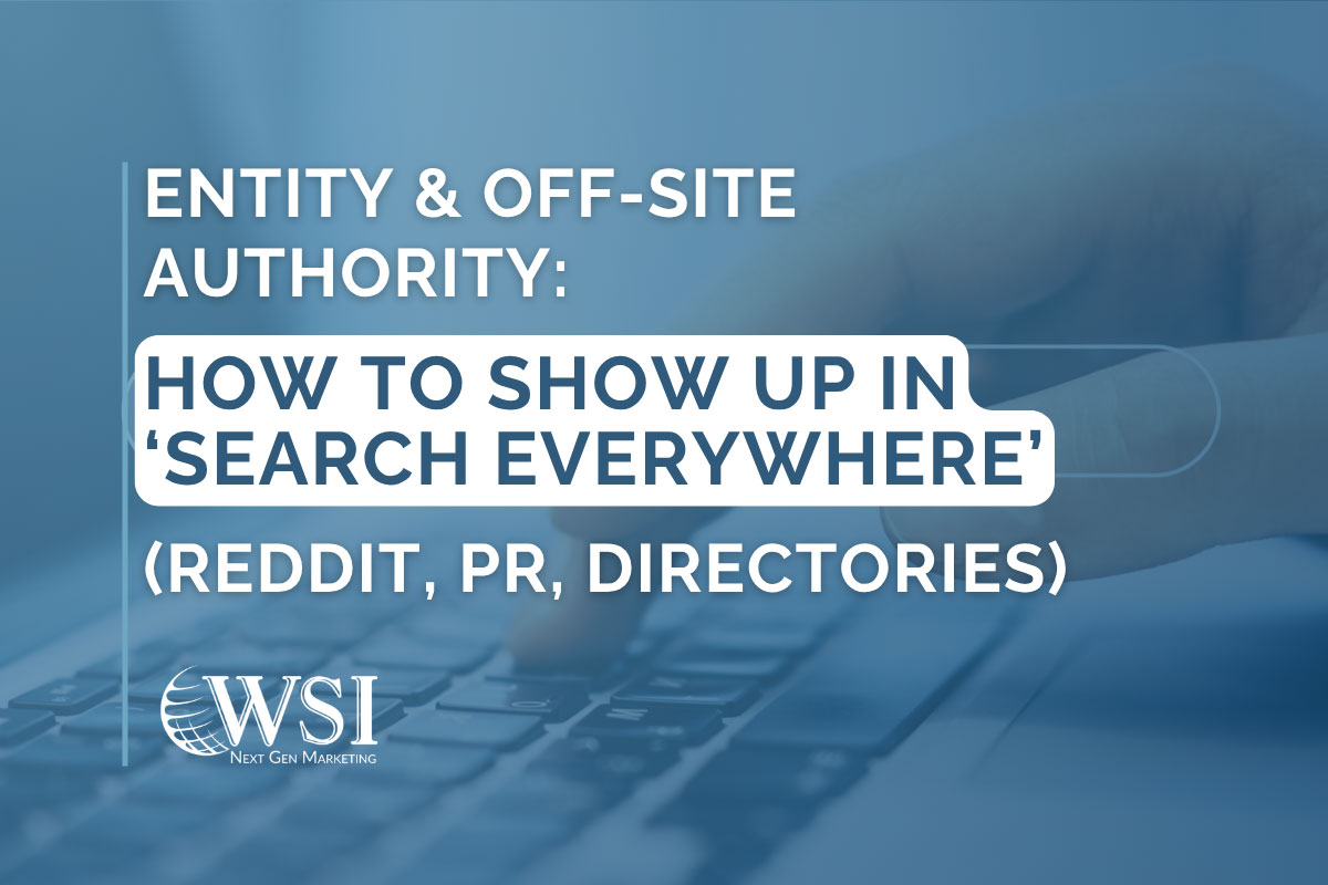 Entity-Off-Site-Authority-featured-image Hand typing on a laptop keyboard alongside the off-site authority and search everywhere optimization blog title.