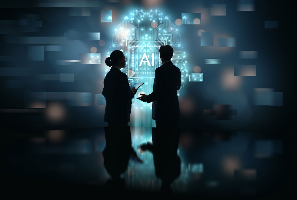 two people looking at a screen showing AI